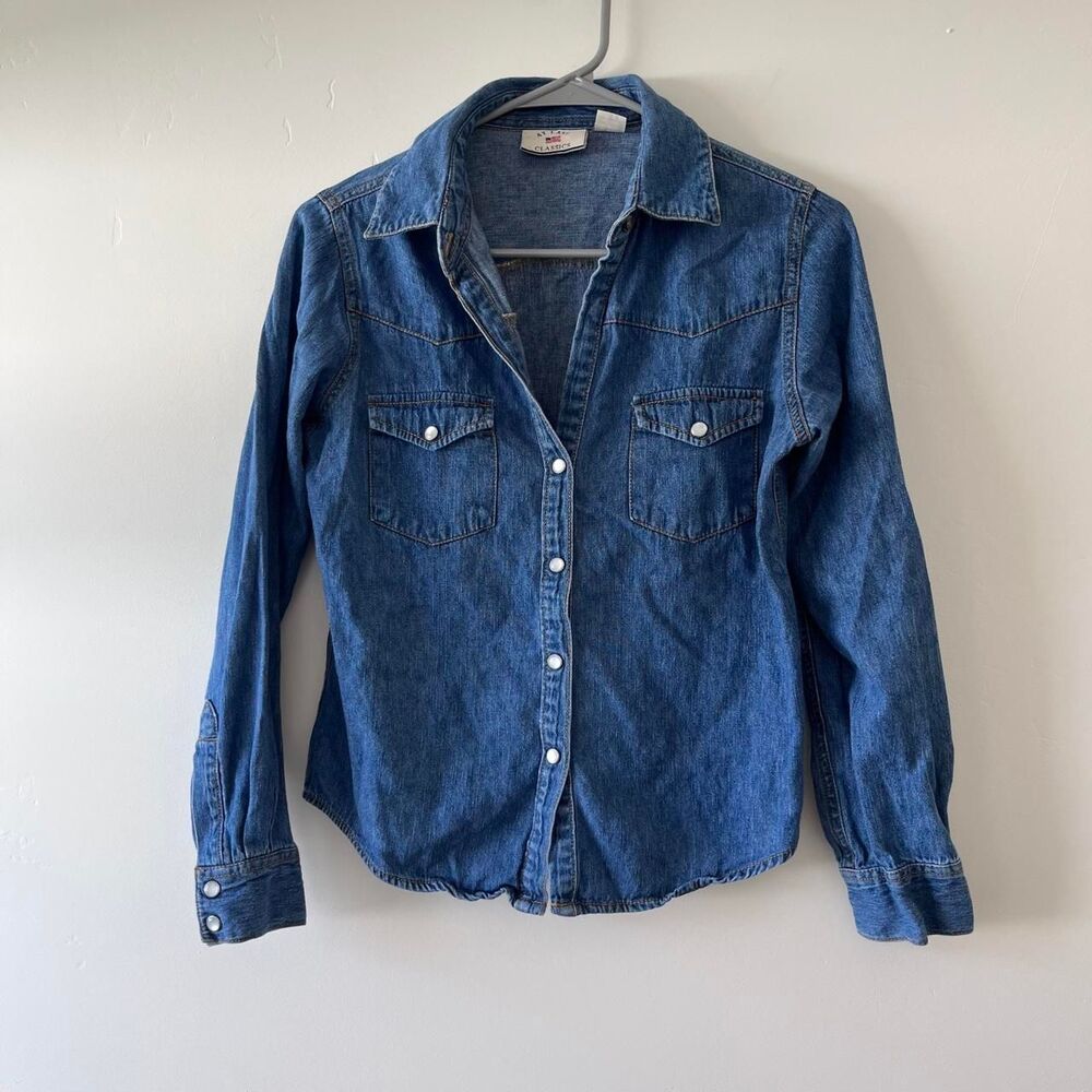 At Last Classics Vintage Style Medium Wash Denim Button Up Western Shirt Small
